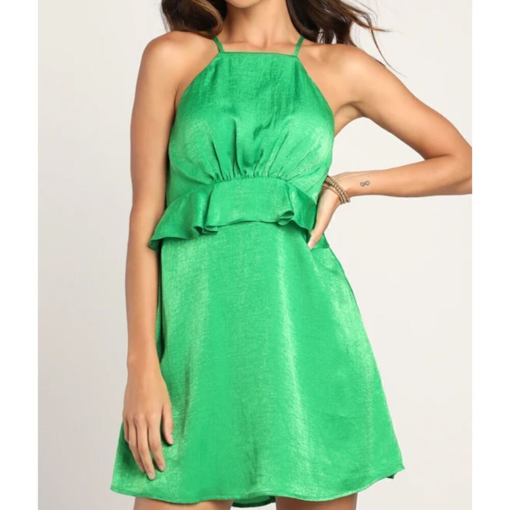 NWT Lulus Looking Luxe Green Satin Peplum Flounce Mini Dress Back Zip Size XS